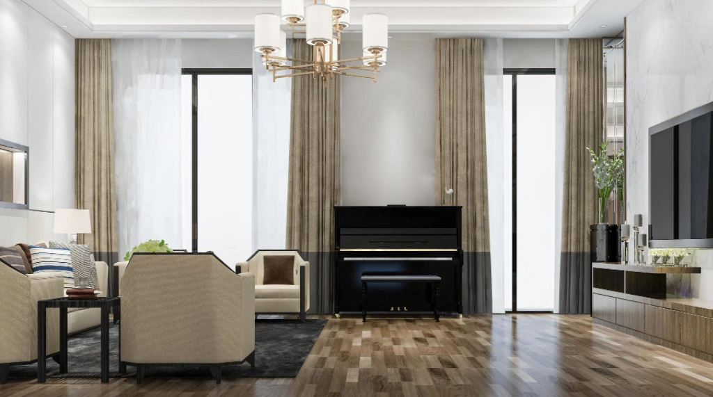 interior minimalis dengan jendela slim hitam