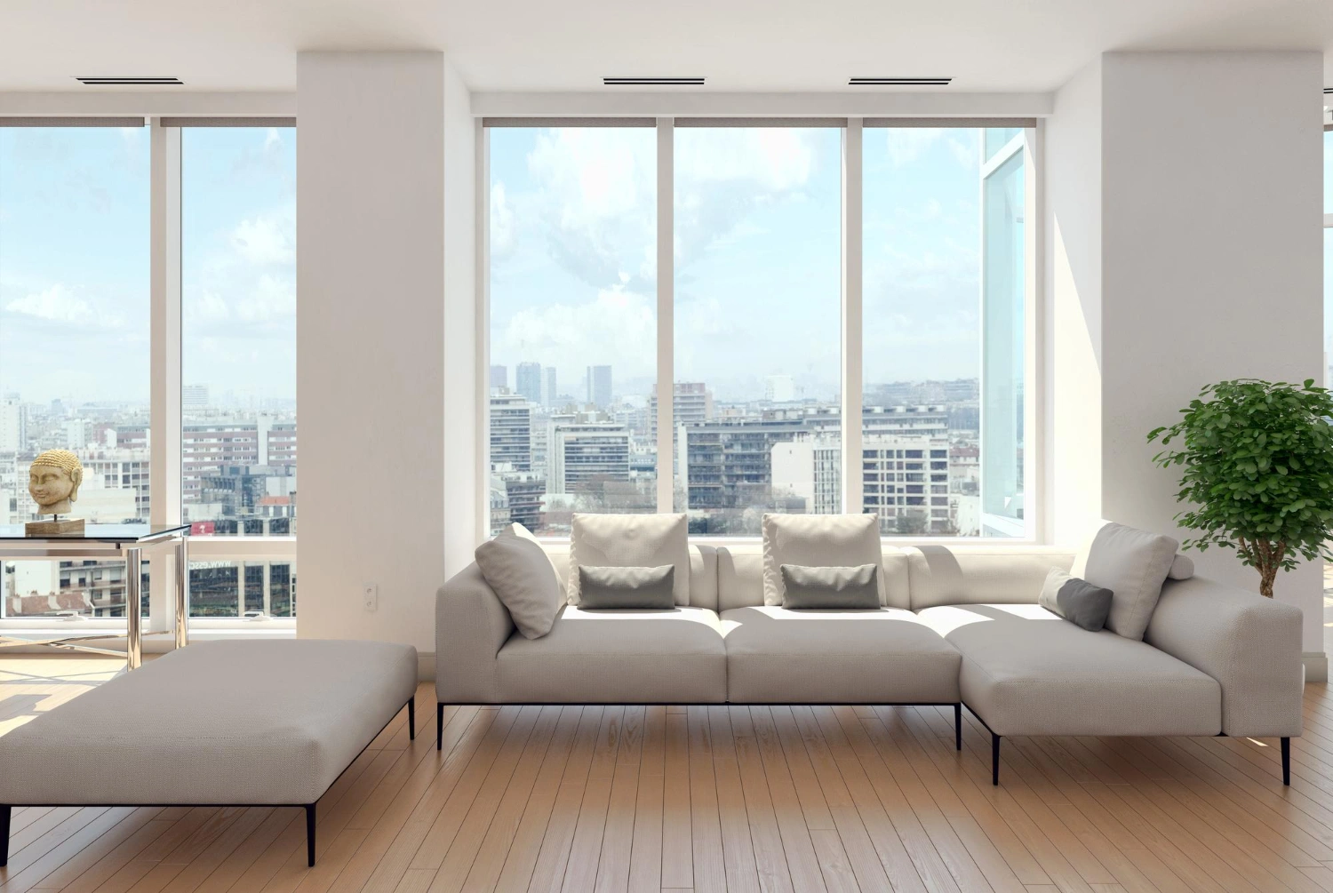 Jendela Aluminium Putih Selaras dengan Sofa dan Dinding