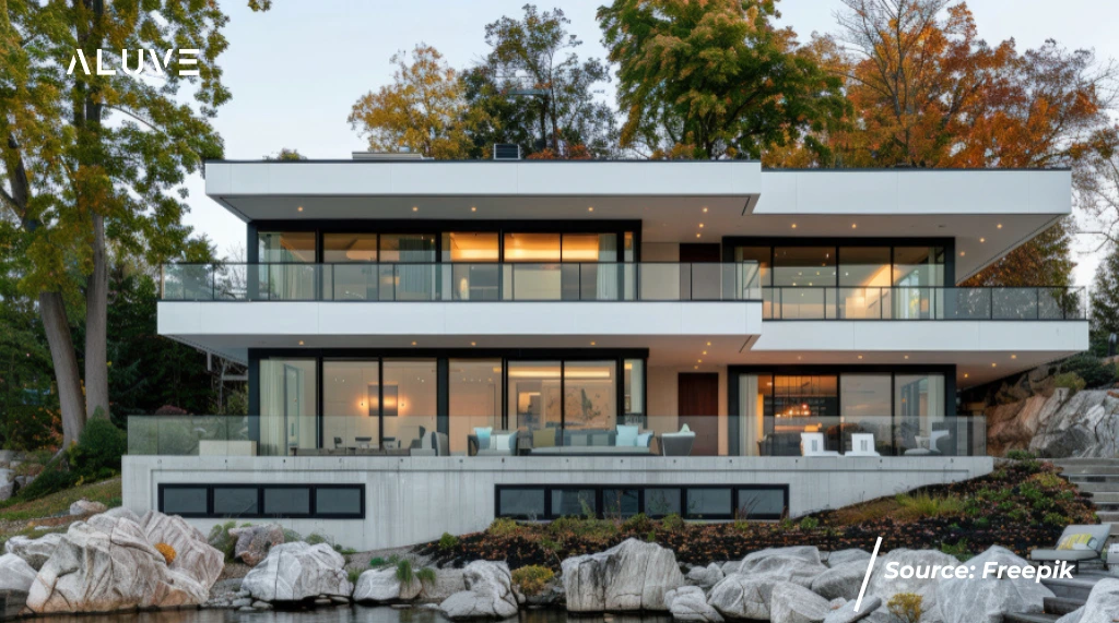 Rumah minimalis dengan menggunakan pintu dan jendala aluminium warna hitam