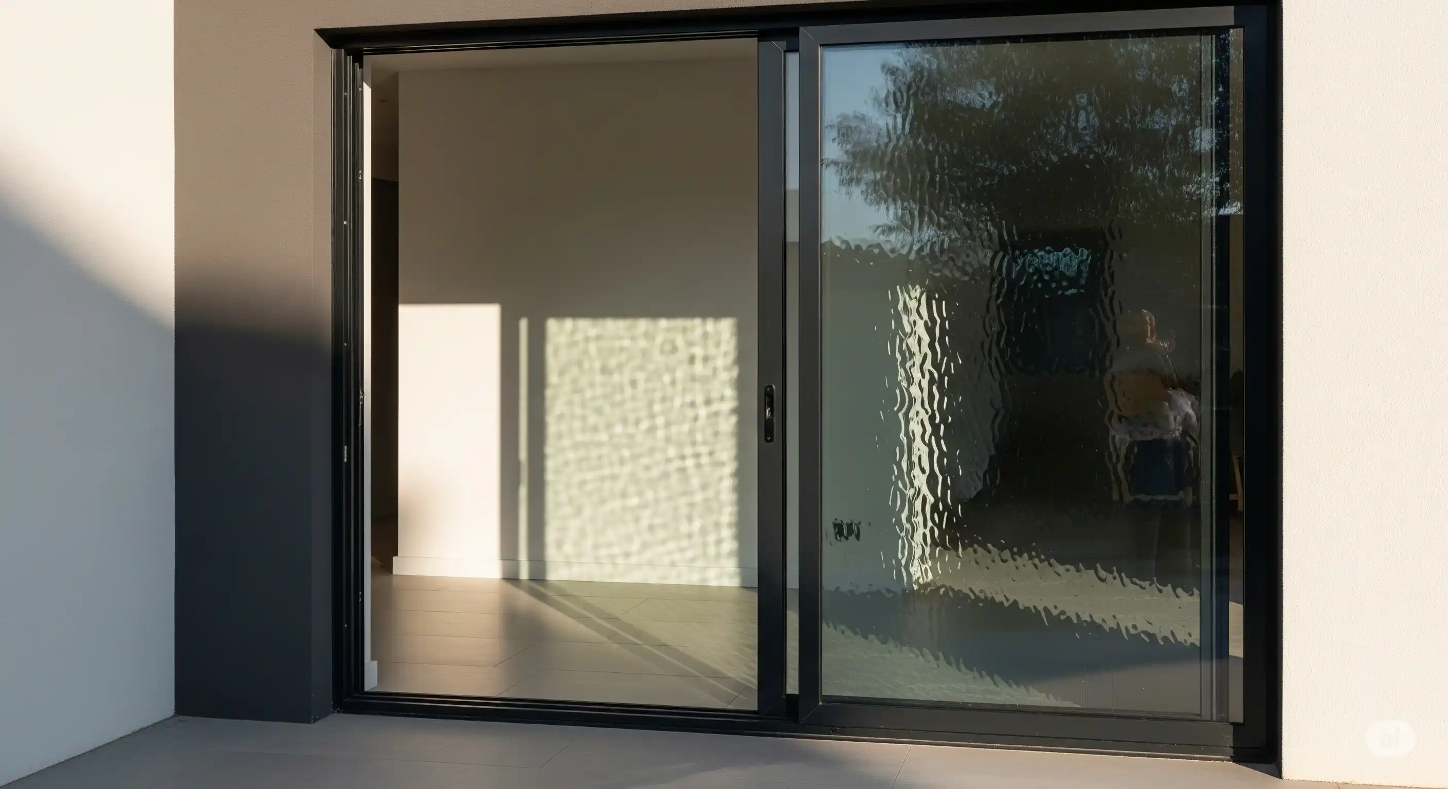 Pintu Geser Aluminium dengan Kaca Buram Bergelombang