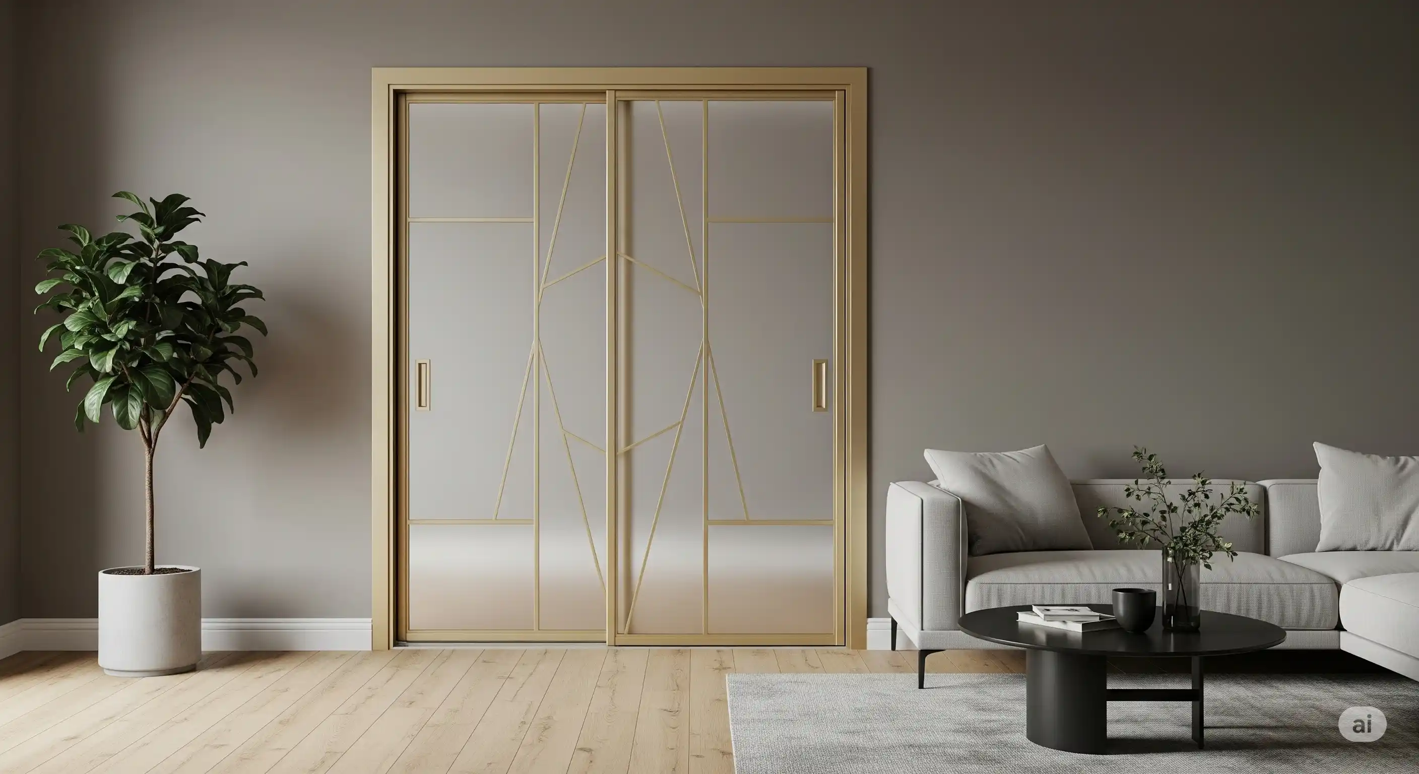 Pintu Geser Aluminium Emas dengan Kaca Geometris