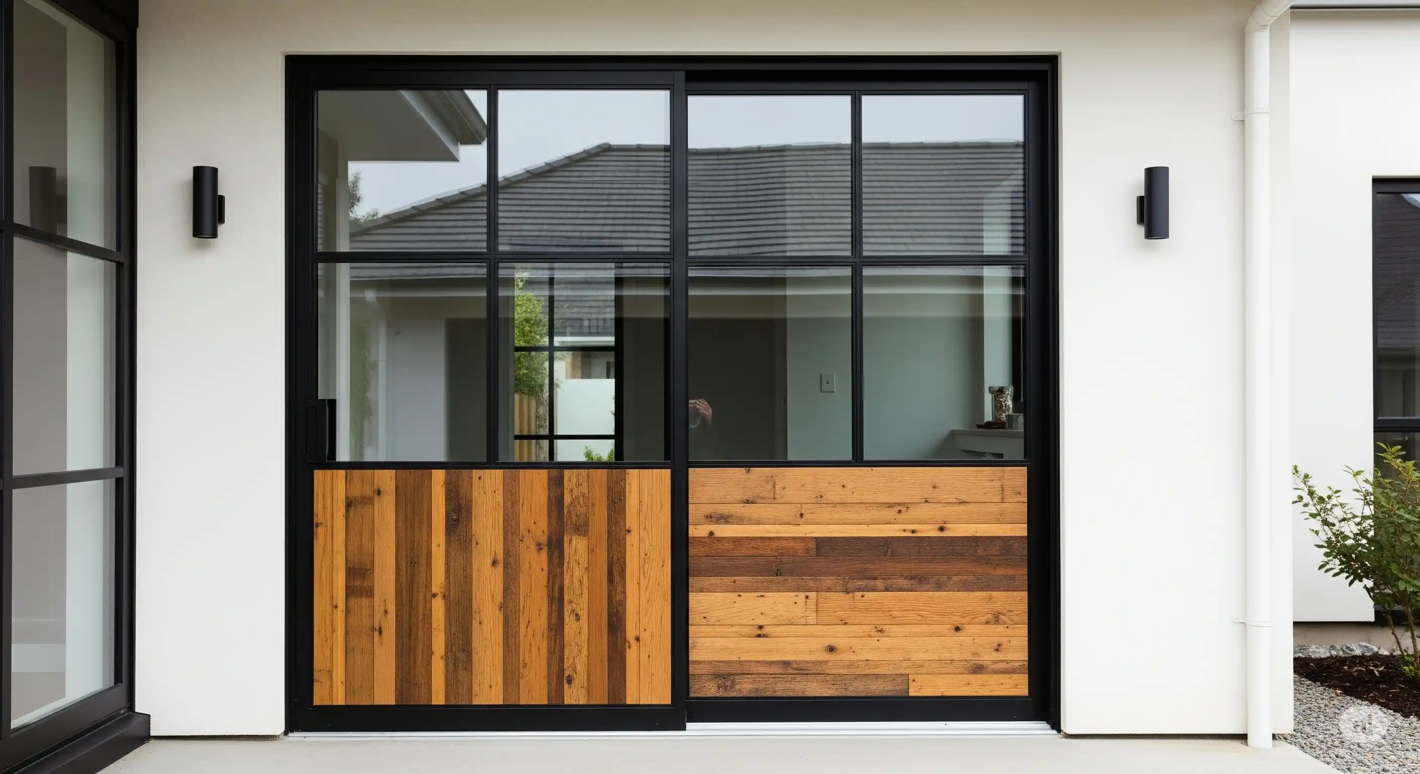 pintu geser industrial dengan kombinasi kaca dan kayu