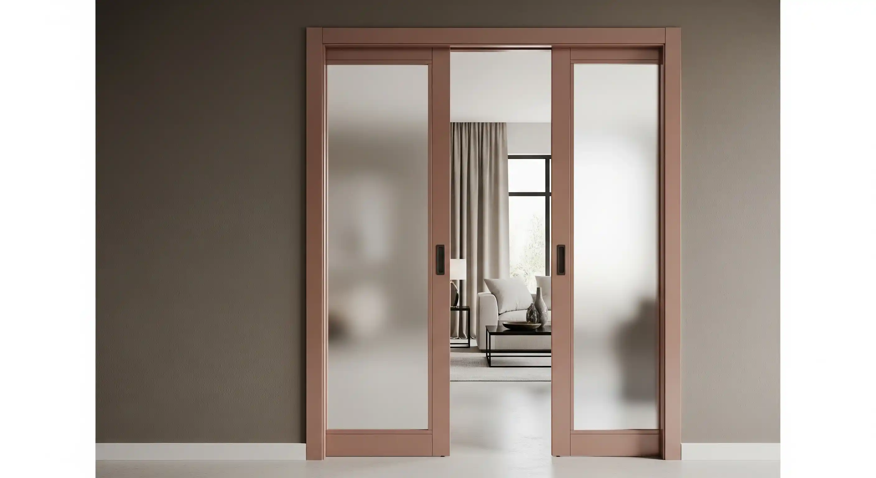 pintu geser rose gold dengan kaca buram vertikal