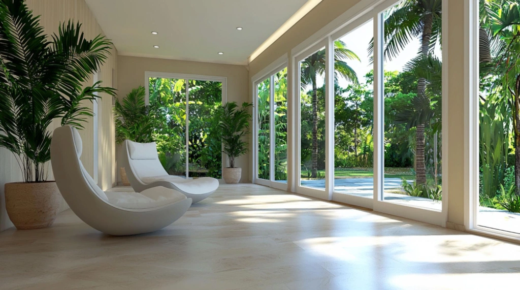 Pintu Kaca Lebar + Ruang Tamu Open Space Natural