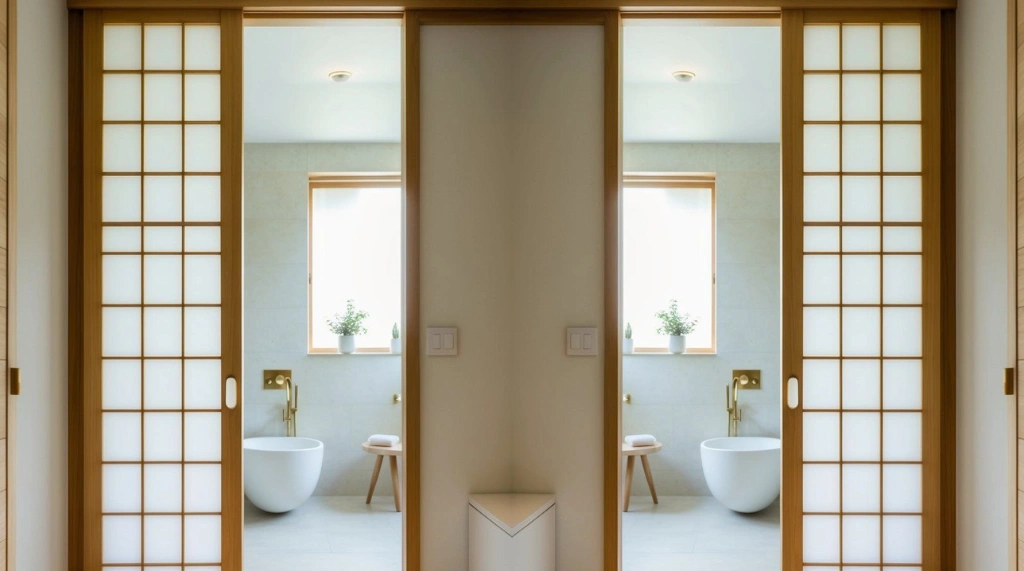 Pintu Kamar Mandi Sliding Shoji Modern dengan Material Kayu Natural