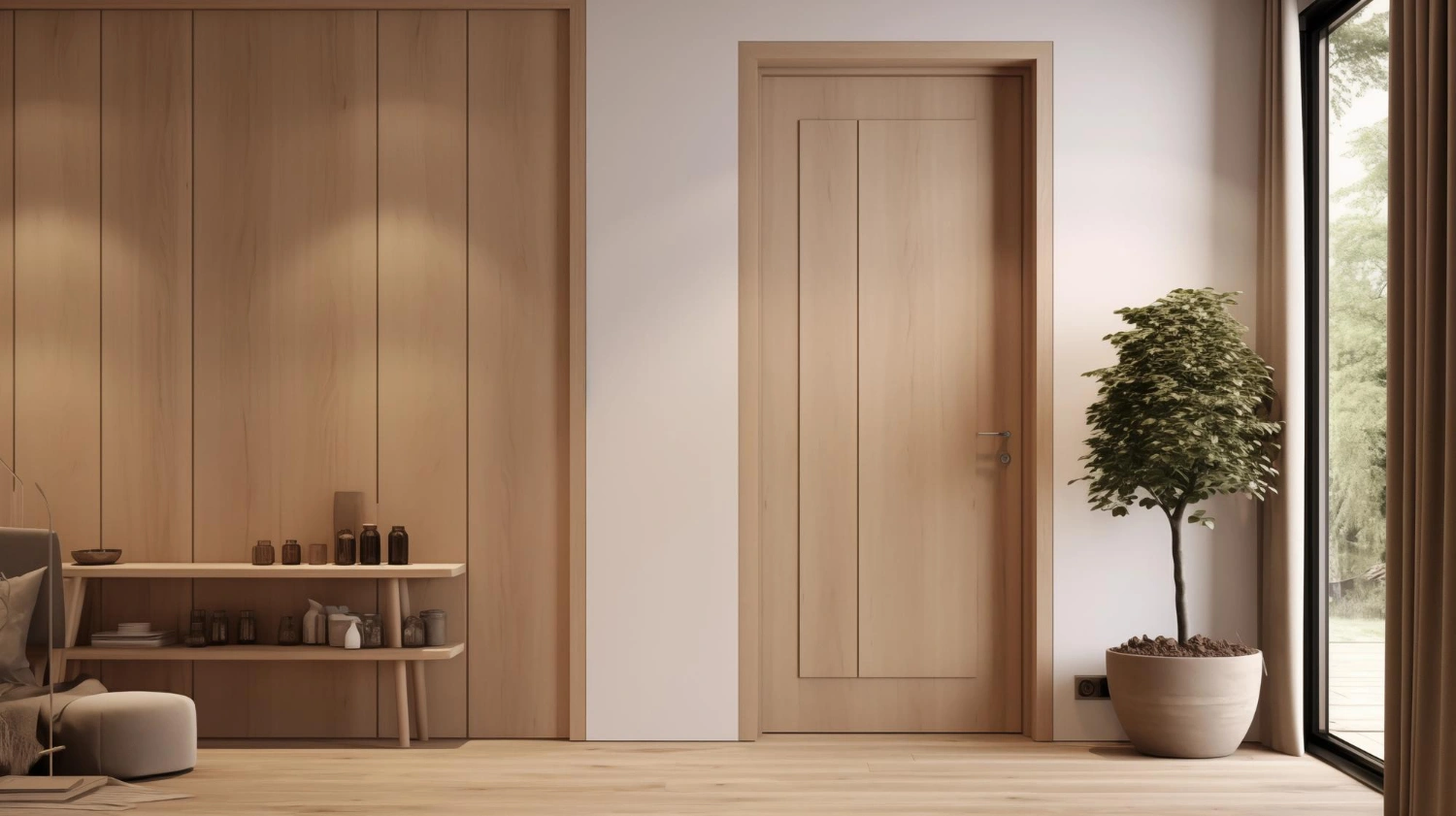 Pintu Kayu Minimalis Berpadu dengan Wall Panel Senada