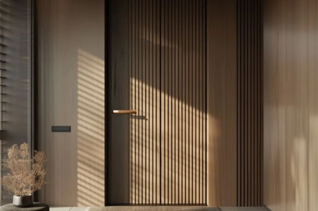 Pintu Minimalis Japandi dengan Aksen Kayu Garis