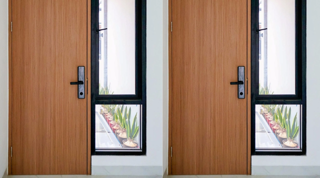 Pintu Motif Kayu dengan Jendela Samping Modern