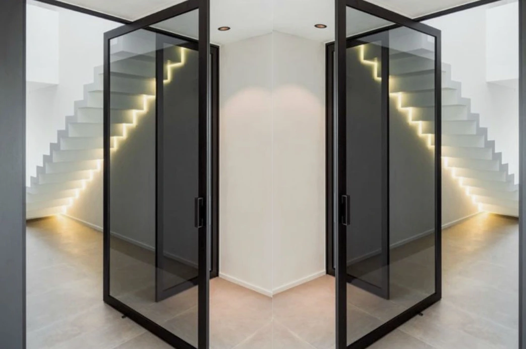 Pintu Pivot Kaca Modern dengan Bingkai Hitam