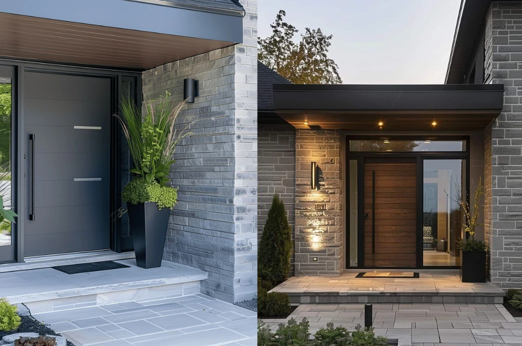 Pintu Rumah Motif Kayu Industrial Dipadukan dengan Dinding Batu Bata