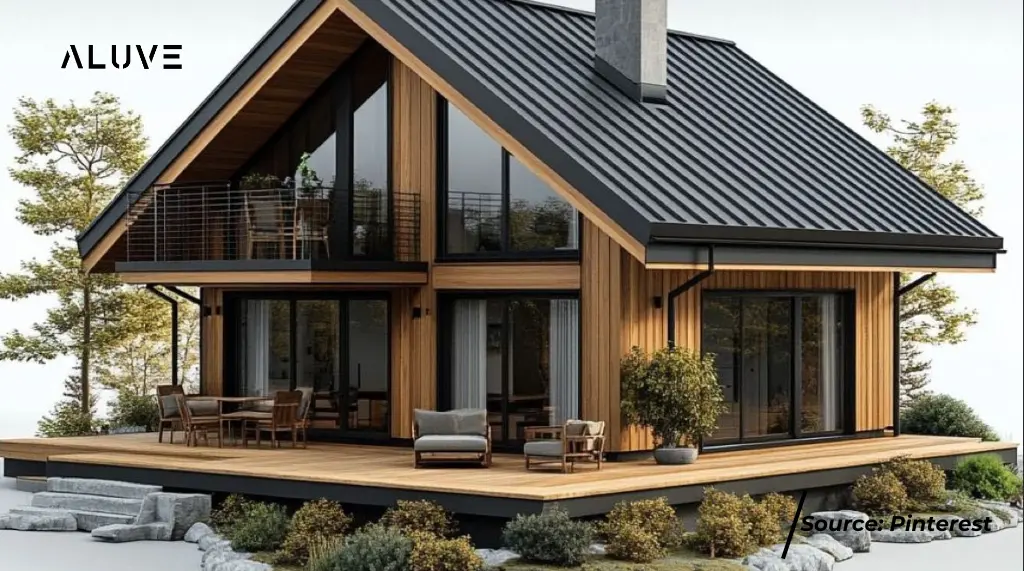 Rumah Skandinavia dengan Dinding Aksen Kayu dengan Pintu Aluminium Minimalis